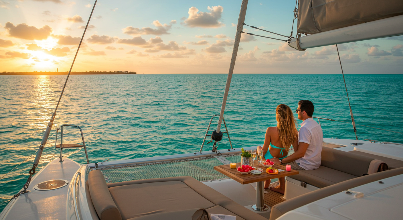 Couple enjoying a romantic boat trips in Punta Cana, ideal for honeymooners and special getaways.