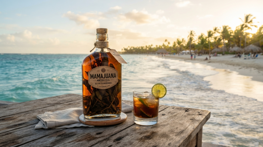 Mamajuana drink with spices on a tropical Punta Cana beach