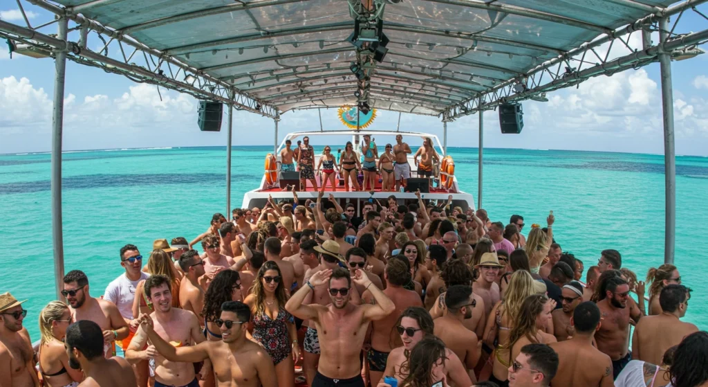 Public boat party with people enjoying the ocean.