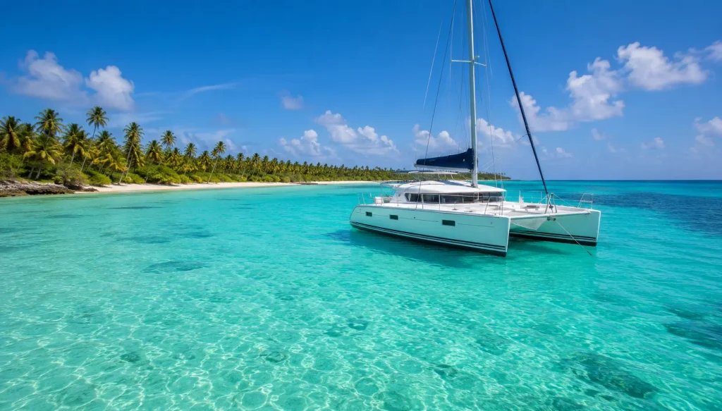 White catamaran on clear turquoise water along the tropical Punta Cana coastline.