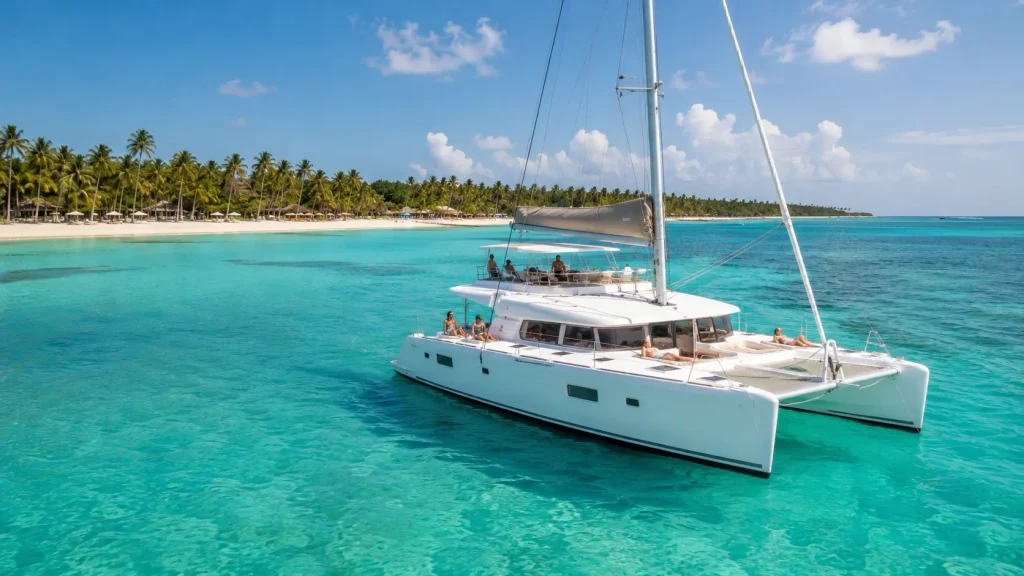 White catamaran cruising on clear turquoise water near a palm lined beach in Punta Cana during sunny January weather.