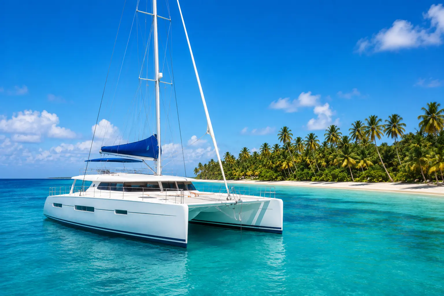 White catamaran on clear turquoise water near a palm lined tropical beach on the route to Isla Saona.