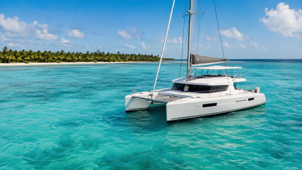 White catamaran sailing on clear turquoise Caribbean water near a palm lined coast on the way to Isla Saona.