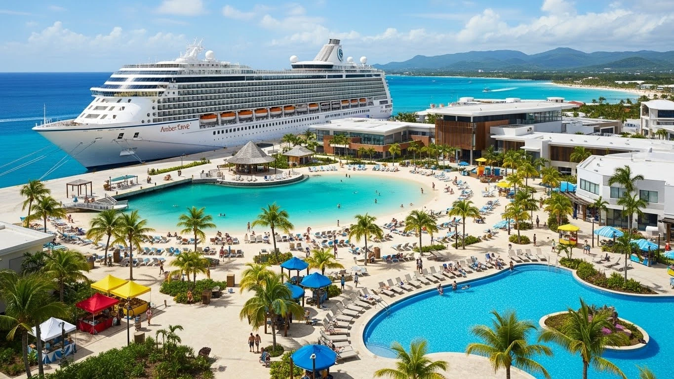 Amber Cove cruise port with pool, palm trees, and a docked ship.