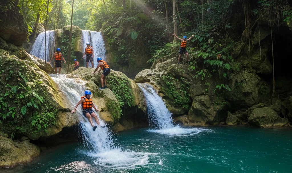 27 Charcos of Damajagua waterfalls in Puerto Plata Dominican Republic with people climbing and swimming