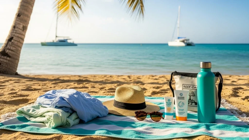 Travel packing items for Puerto Plata in January including clothes sunscreen and beach accessories