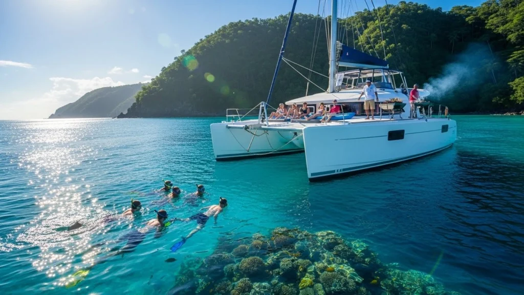 People enjoy snorkeling and catamaran tours in Amber Cove
