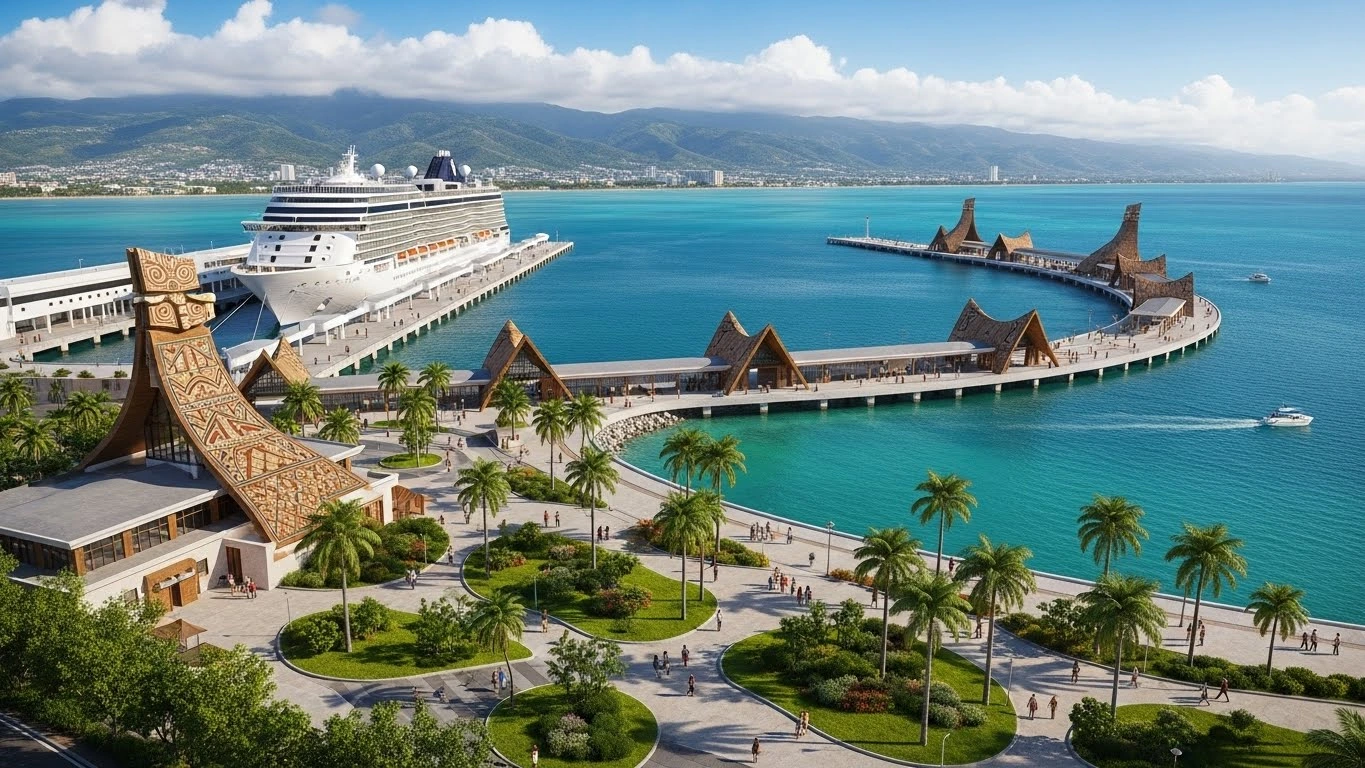 Cruise ship docked at Taino Bay Puerto Plata with palm-lined walkways, pool, and modern port facilities.