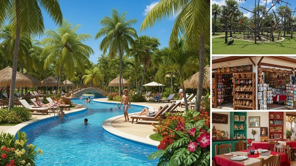 Visitors enjoying Taino Bay in Puerto Plata, with a pool, lazy river, tropical gardens, artisan shops, outdoor dining, and Monkey Island with birds and monkeys.