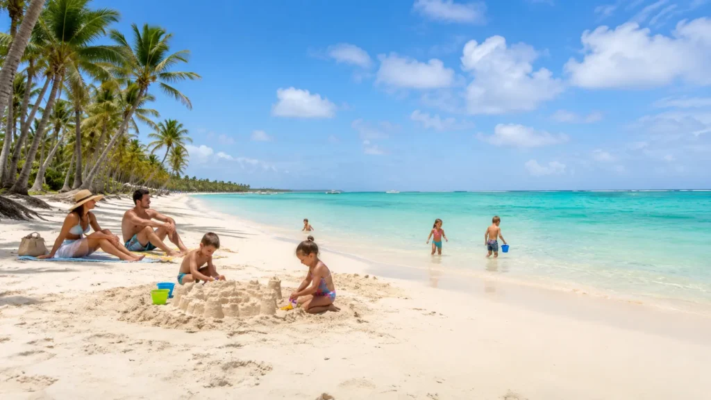 Family relaxing on Bávaro Beach in Punta Cana while kids build sandcastles and play in calm turquoise water.