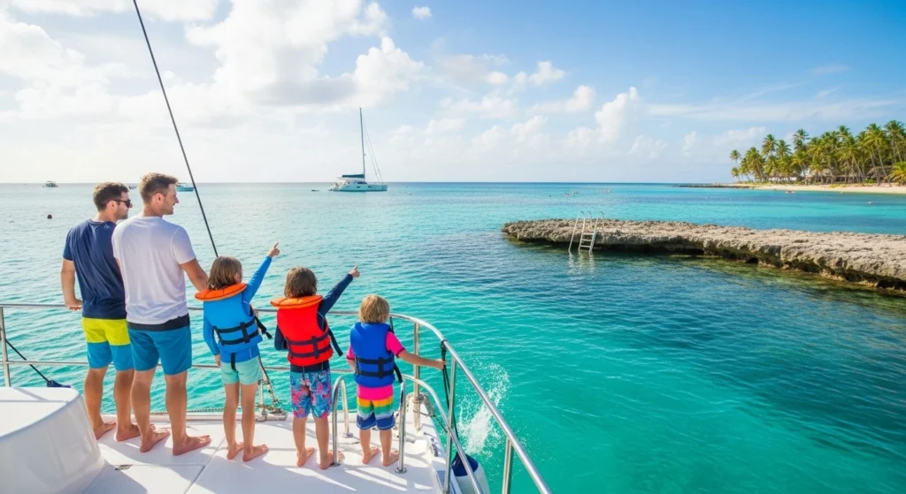 Family enjoying on Catamaran with kids