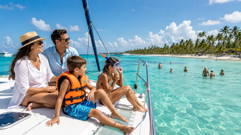 Family enjoying a catamaran cruise on turquoise water in Punta Cana with kids wearing snorkel gear and a life jacket.