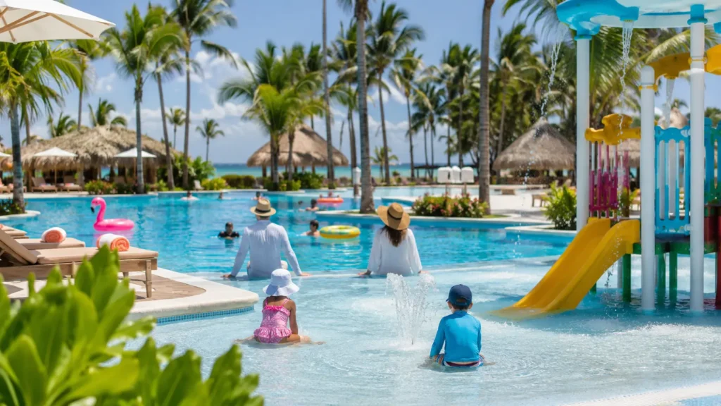Children playing in a Punta Cana resort pool splash area with water slides, palm trees, and tropical ocean views.