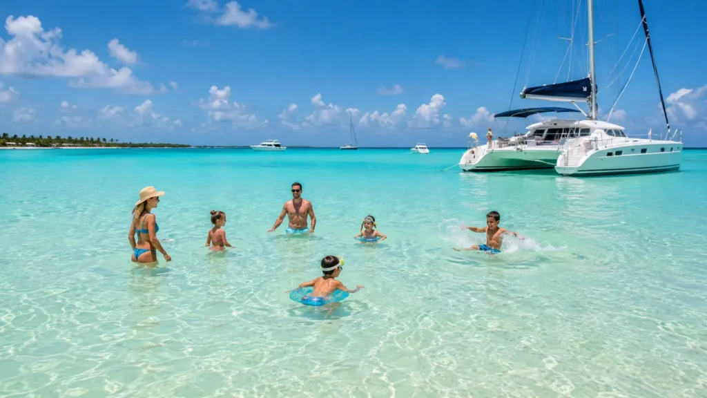 Family and children enjoying shallow turquoise water at a Punta Cana natural pool with a catamaran nearby.
