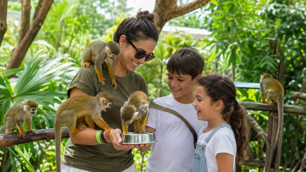 Family smiling with squirrel monkeys during a guided Monkeyland Punta Cana visit in a tropical garden.
