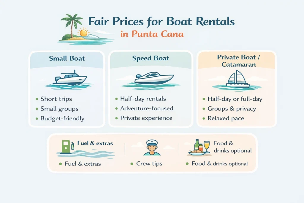 Minimalist infographic showing fair boat rental options in Punta Cana, including small boats, speed boats, and private catamaran rentals, with icons highlighting trip type, group size, and optional extras.