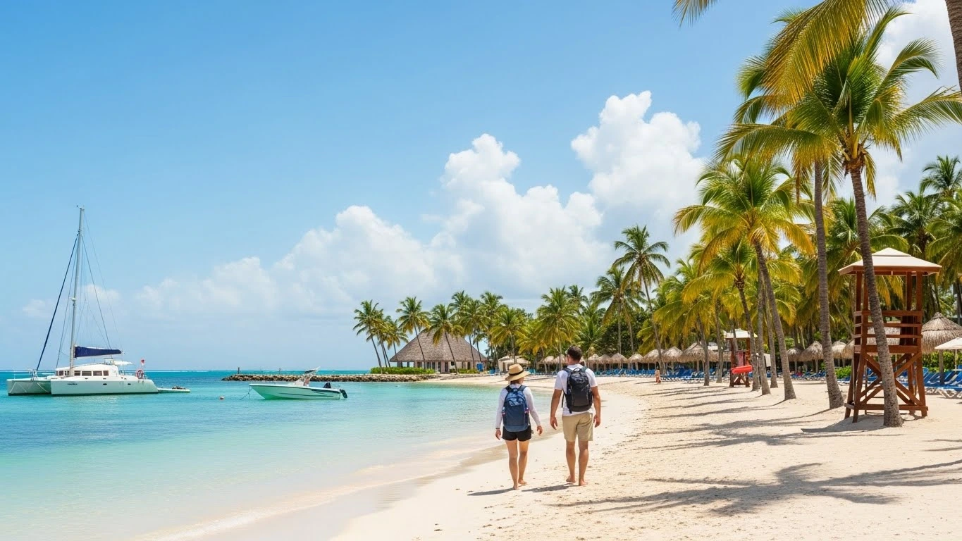 A bright, reassuring travel scene in Punta Cana showing a couple of first-time travelers walking confidently along a clean tropical beach near a resort, with calm turquoise water, palm trees, and a catamaran anchored offshore. The atmosphere feels safe, relaxed, and welcoming. Subtle details like a resort area, lifeguard stand, and clear skies suggest security and comfort. Natural lighting, realistic photography style, minimal clutter, modern Caribbean travel aesthetic, professional and trustworthy mood, wide landscape composition, ideal for a travel safety guide.