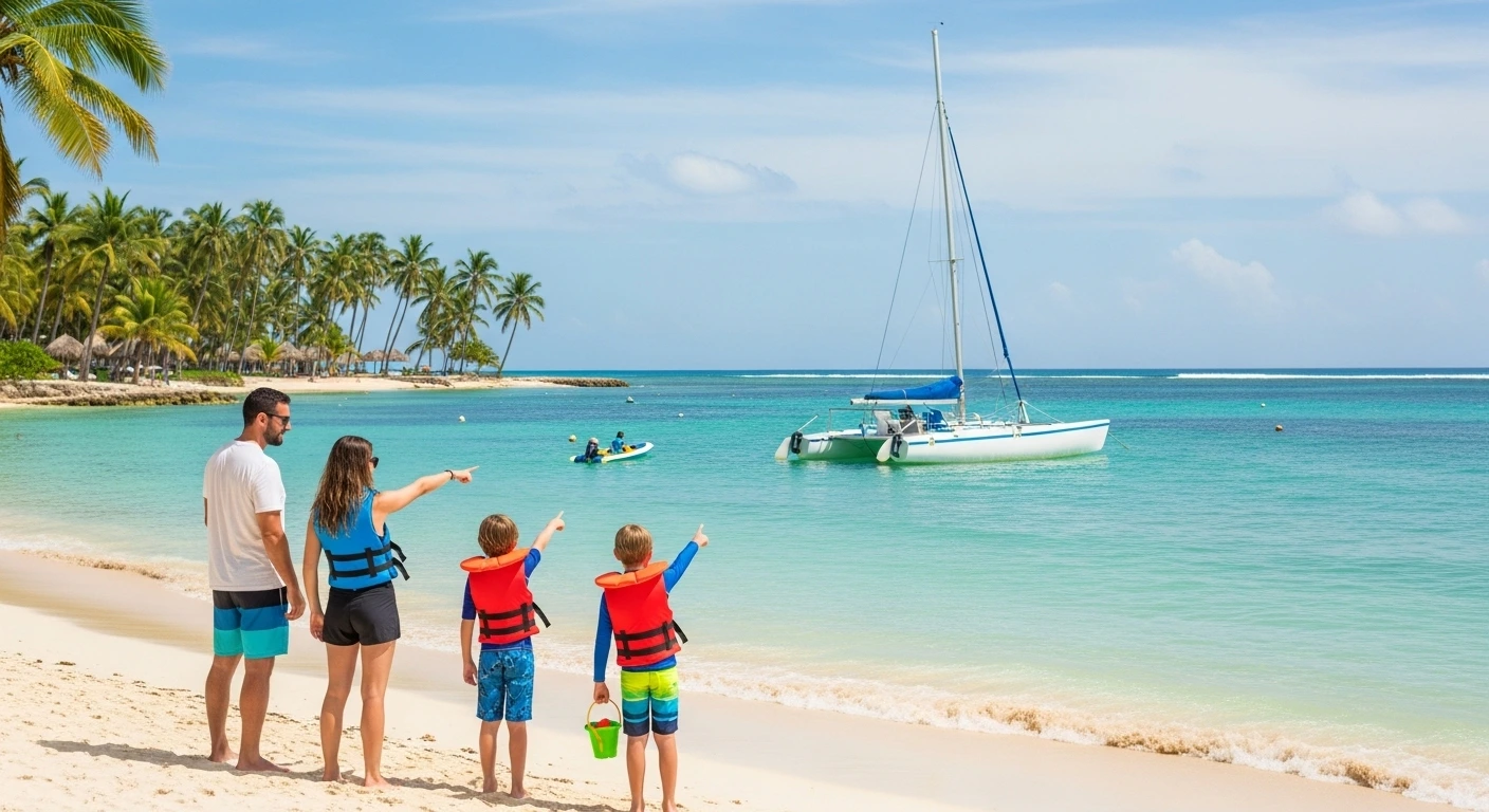 Family enjoying Punta Cana with kids on a sunny day, viewed from behind, with parents on the beach watching children in life jackets near a catamaran on calm turquoise water.