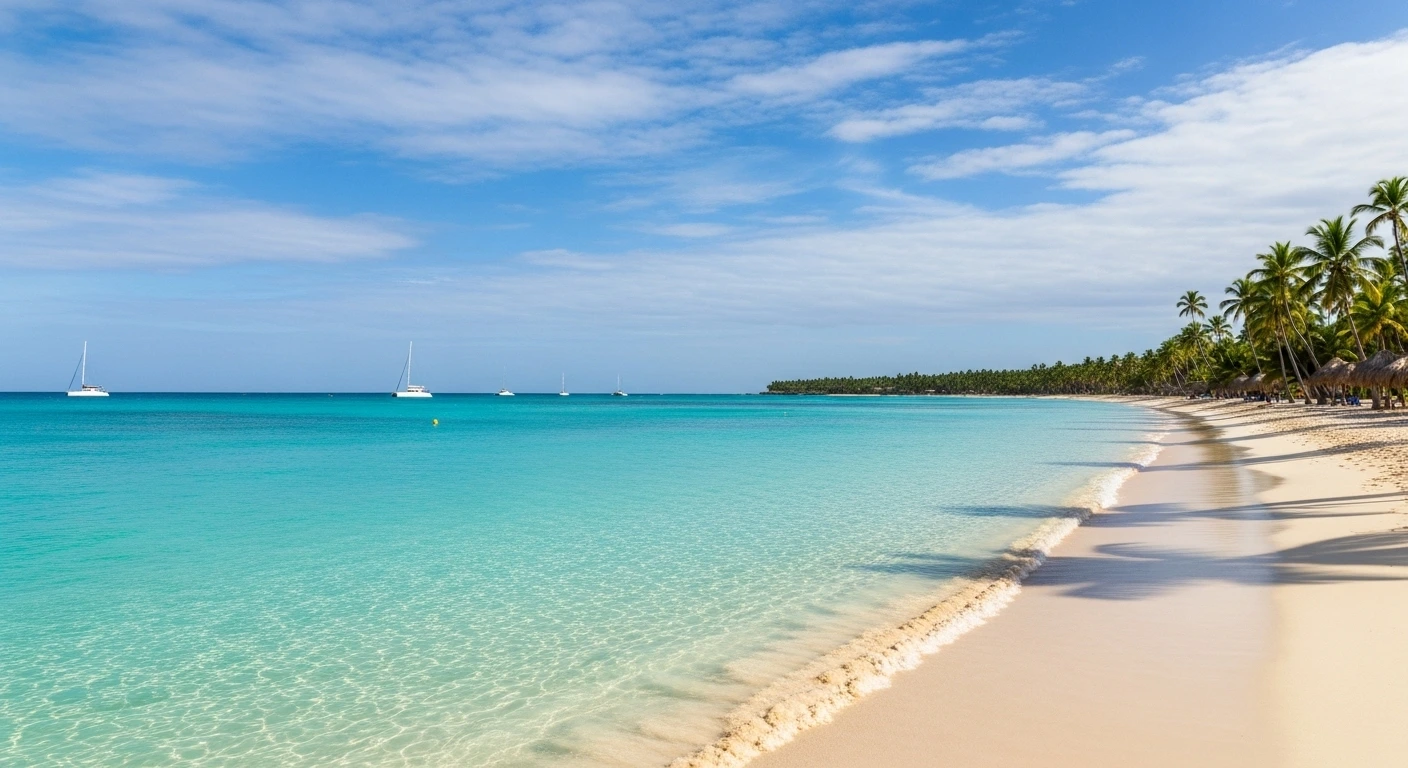 Tropical Punta Cana beach in May with clear turquoise water, soft white sand, palm trees, and a sunny sky showing warm, calm Caribbean weather.