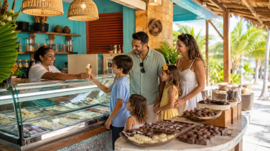 Family choosing ice cream and chocolate treats at a tropical dessert shop in Punta Cana.