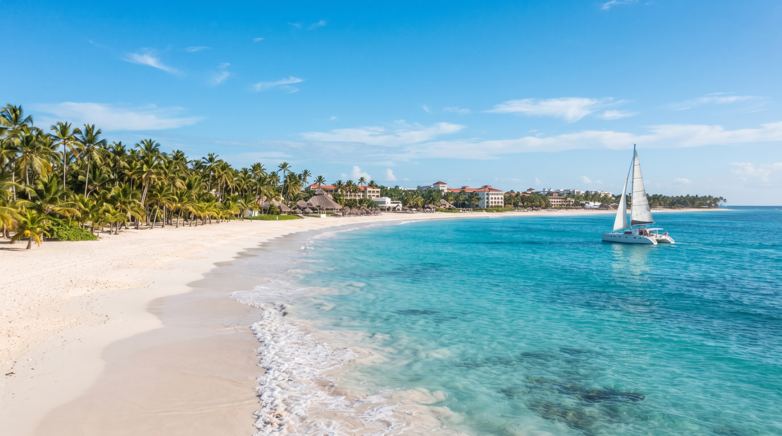 White sand beach, turquoise water, palm trees, resorts and a catamaran along the Punta Cana coastline.