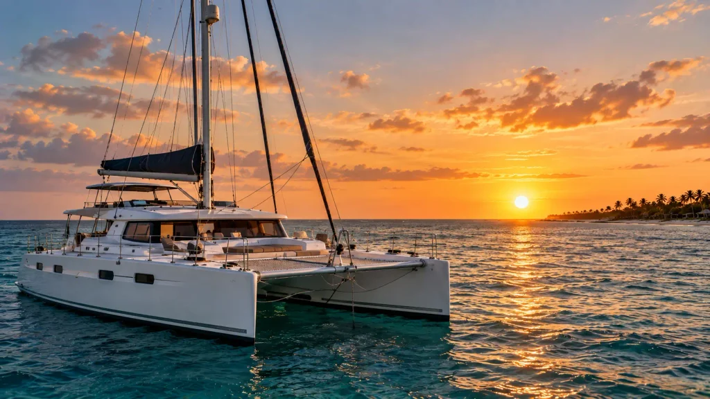White catamaran sailing across the Caribbean Sea at sunset, showcasing a romantic private sunset cruise in Punta Cana.