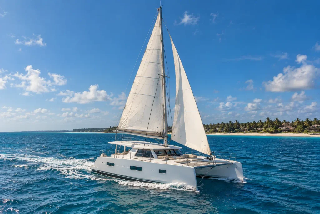 Catamaran sailing across the turquoise waters of Punta Cana during a safe catamaran tour