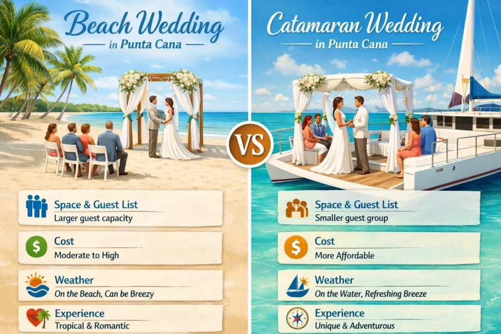 Beach and catamaran weddings in Punta Cana showing key differences in space, cost, weather, and experience.