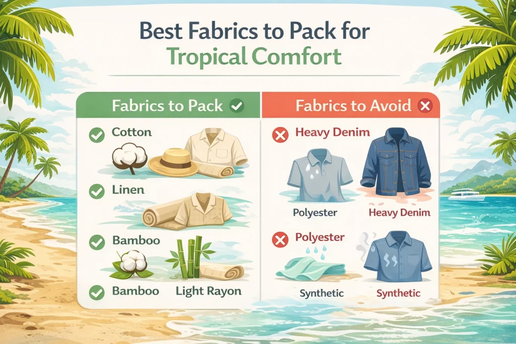 Infographic showing best fabrics to pack for tropical comfort, with cotton, linen, bamboo and light rayon recommended, and heavy denim and synthetic fabrics to avoid.