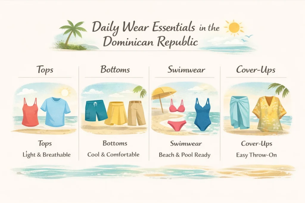 Landscape infographic showing daily wear essentials in the Dominican Republic, including tops, bottoms, swimwear, and cover-ups for warm weather.