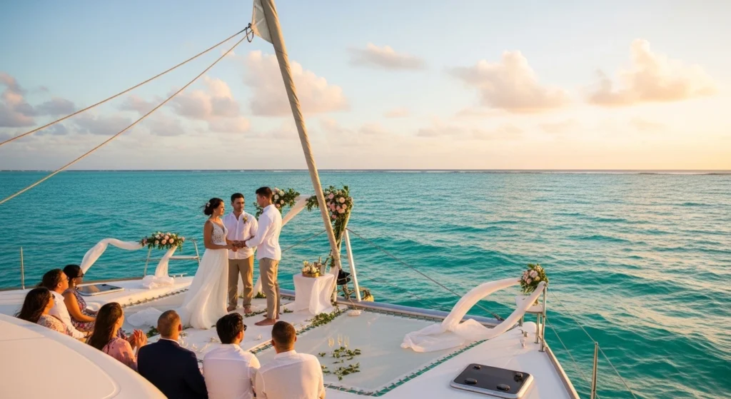 Couple exchanging vows on a catamaran in Punta Cana with sunset over turquoise waters, floral decorations on the deck, and a small group of guests witnessing the ceremony.