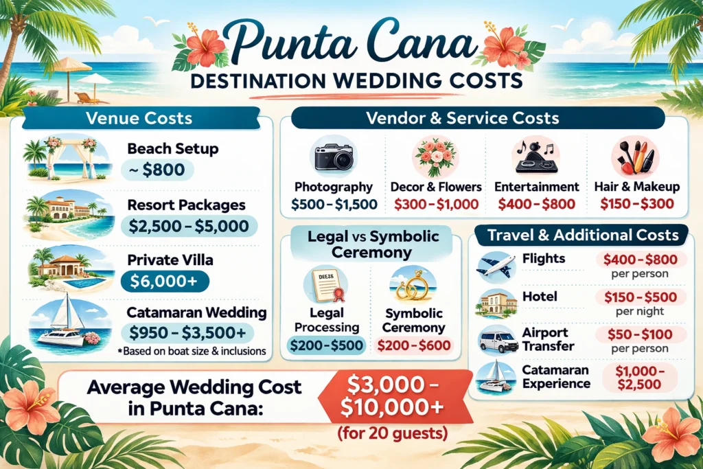 Infographic showing Punta Cana destination wedding costs including venue, catamaran, vendors, legal ceremony, travel, and accommodation price ranges.
