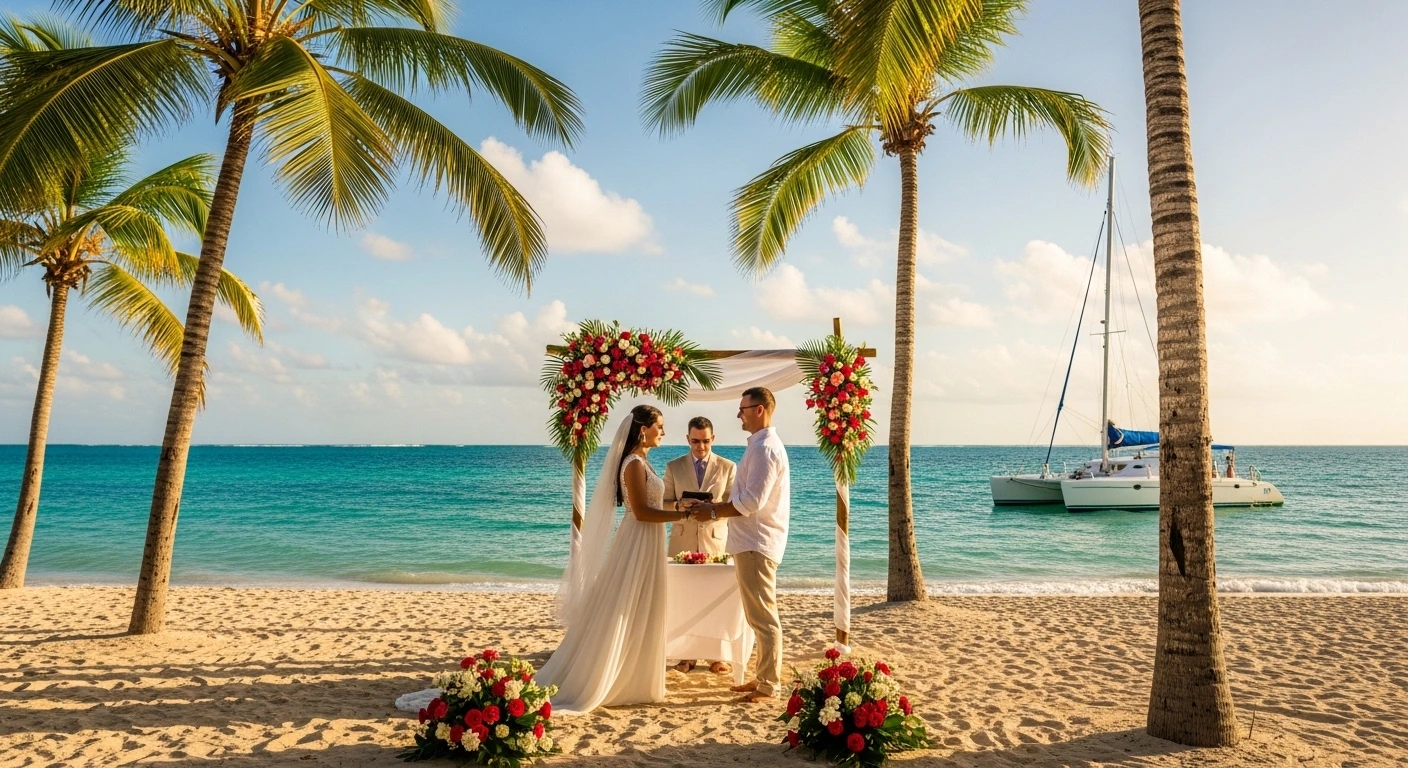 Couple exchanging vows on a Punta Cana beach with palm trees, turquoise ocean, and a catamaran in the background under warm sunlight