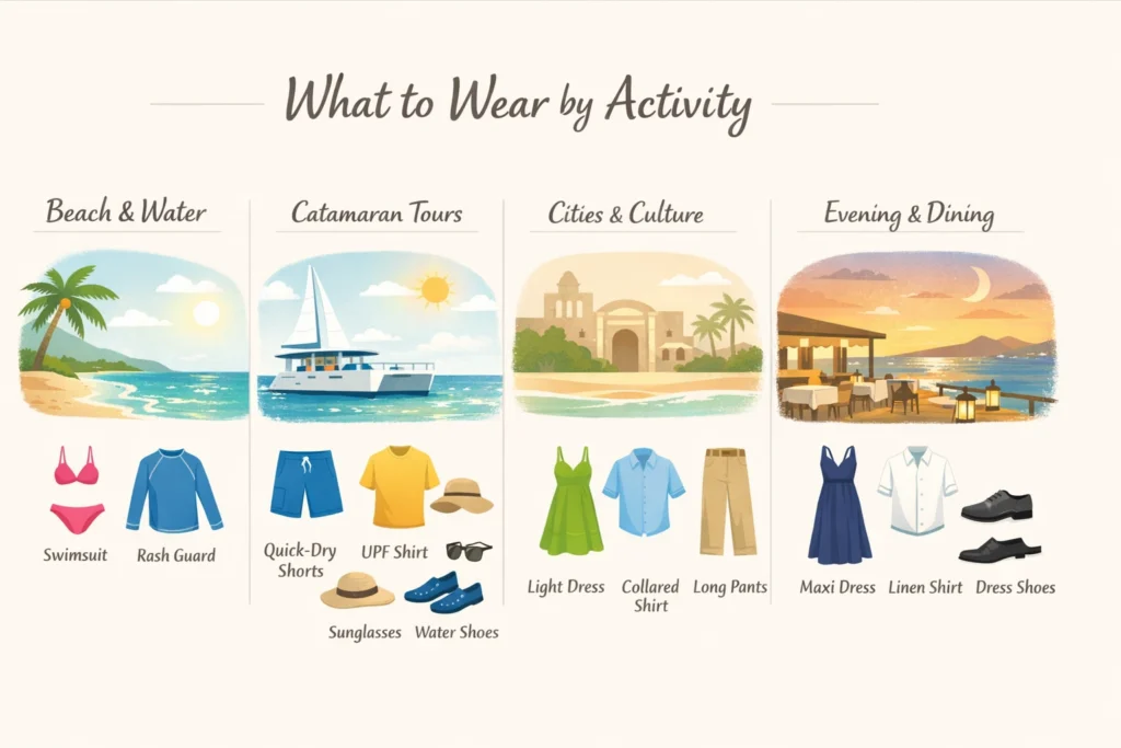 Landscape infographic showing what to wear in the Dominican Republic by activity, including beach, catamaran tours, city outings, and evening dining outfits.