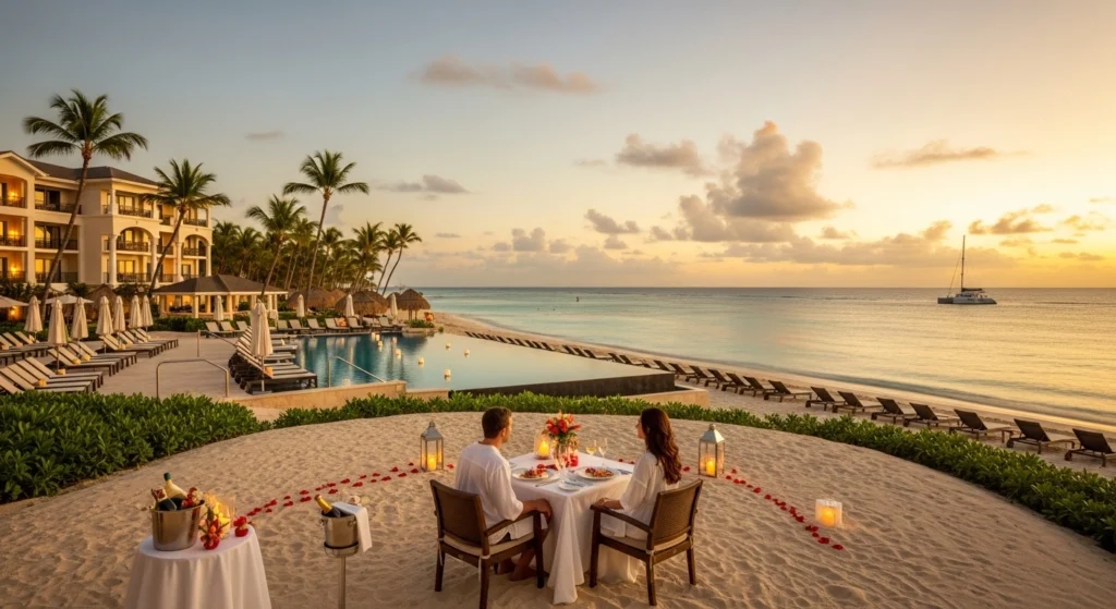 Couple enjoying private beach dinner at luxury all inclusive resort in Punta Cana during honeymoon