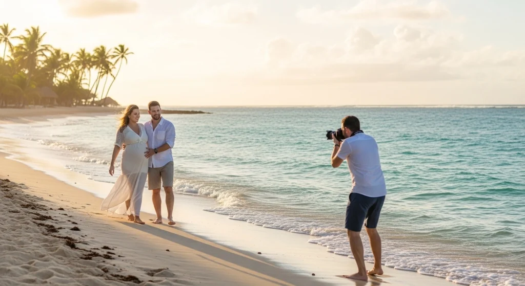 Pregnant couple walking along a Punta Cana beach during a golden hour babymoon photoshoot near the ocean