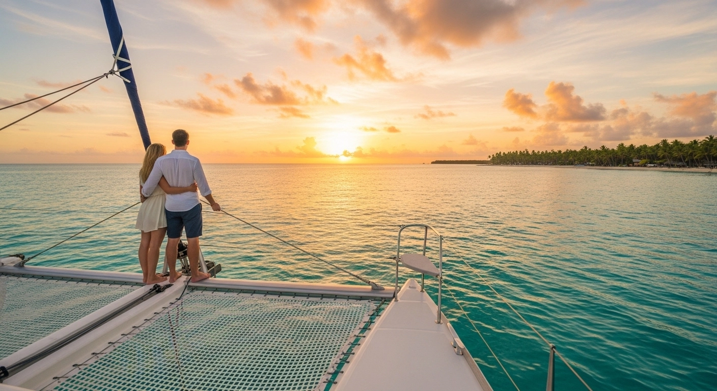 Couple enjoying a romantic sunset sail on a catamaran in Punta Cana Caribbean waters