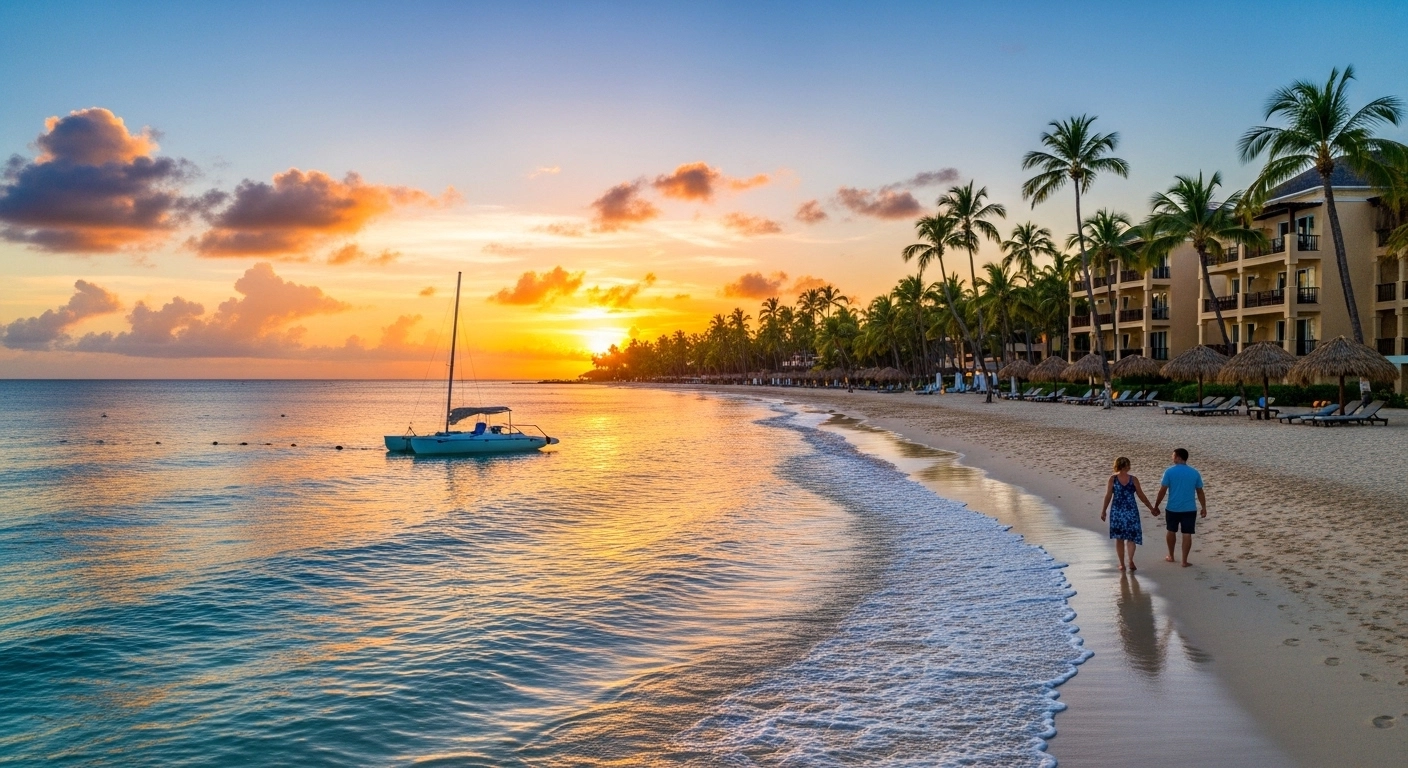 Couple walking hand-in-hand on a Punta Cana beach at sunset with turquoise waters, palm trees, and a romantic beachfront resort in the background