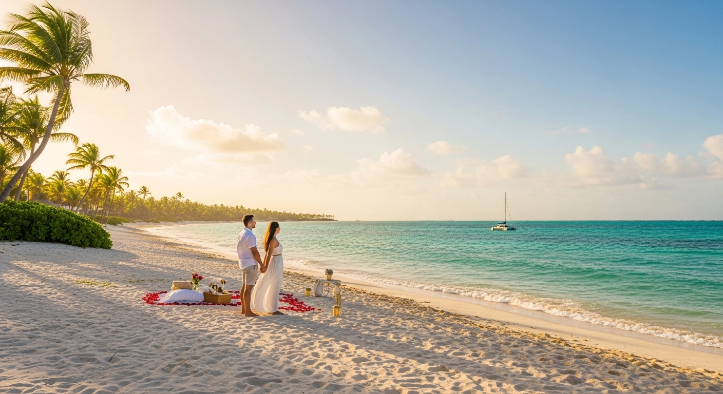 Couple holding hands on a white sandy beach at sunset in Punta Cana with turquoise waters, palm trees, and a catamaran in the background, perfect for a proposal.
