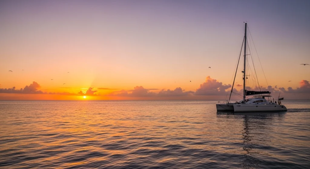 Catamaran sailing on calm Caribbean waters at sunset in Punta Cana with warm golden sky and reflections on the sea