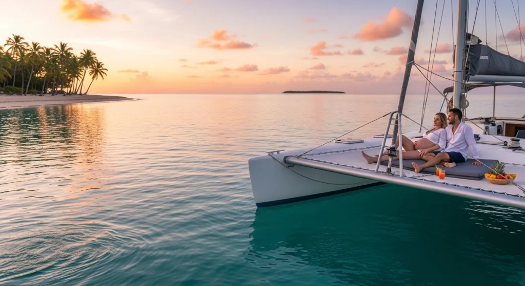 Pregnant couple relaxing on a catamaran cruising calm turquoise waters near a soft sandy beach at sunset in Punta Cana