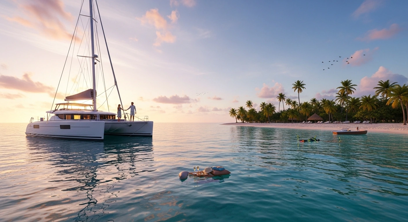 Couple enjoying a private catamaran cruise at sunset in Punta Cana, with turquoise waters and white sandy beaches in the background.