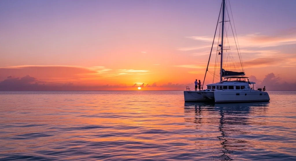 Silhouette of a couple on a catamaran in Punta Cana during golden hour with colorful Caribbean sunset reflected on calm waters