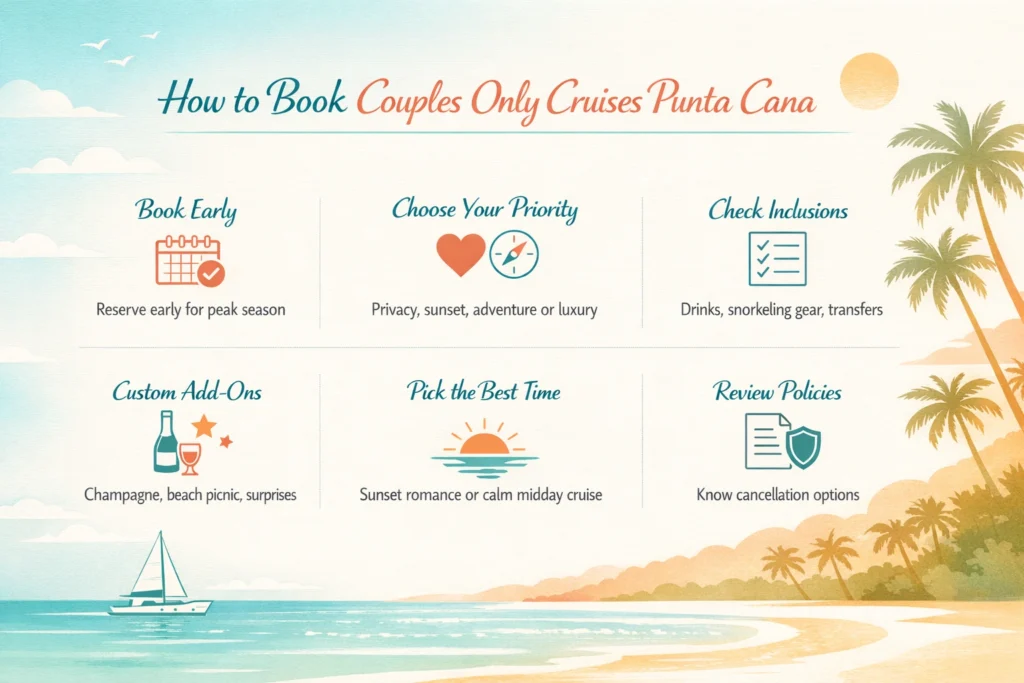 Infographic showing how to book couples only cruises in Punta Cana with tips like booking early, choosing priorities, checking inclusions, adding extras, picking the best time, and reviewing policies.