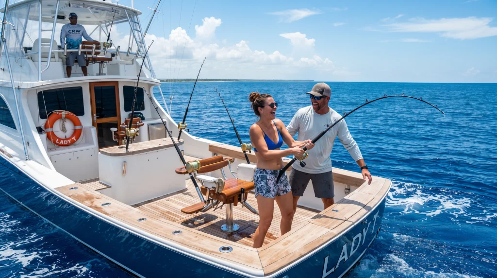 Couple enjoying a deep sea fishing charter in Punta Cana