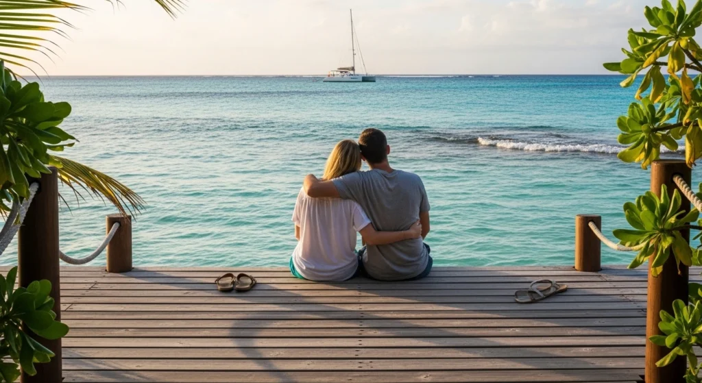 Couple sitting on a pier overlooking turquoise waters in Punta Cana with a sailboat in the distance.