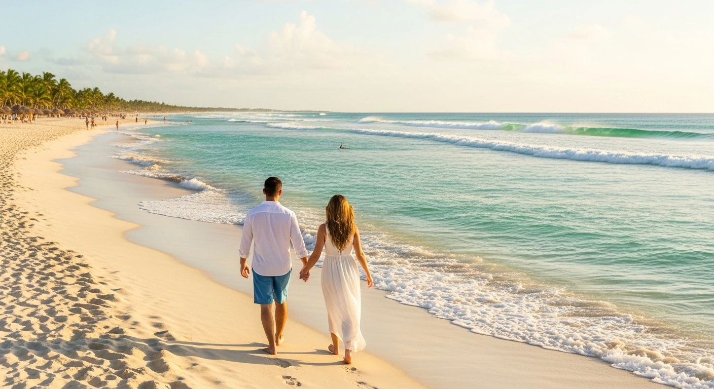 Newlywed couple walking hand in hand along a white sand beach in Punta Cana at sunset.