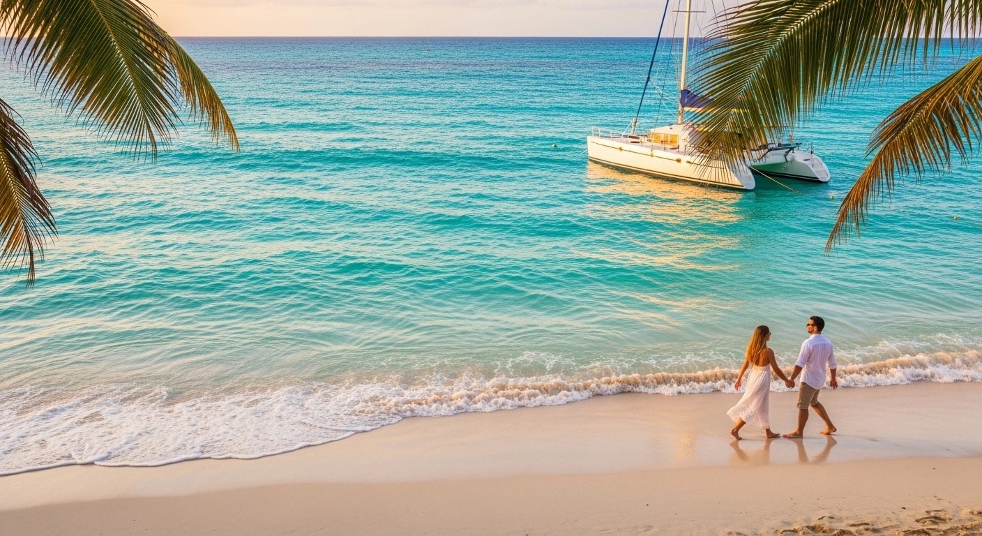 A couple walking hand in hand along a white sandy beach in Punta Cana at sunset with a catamaran anchored nearby and tropical palms framing the scene.