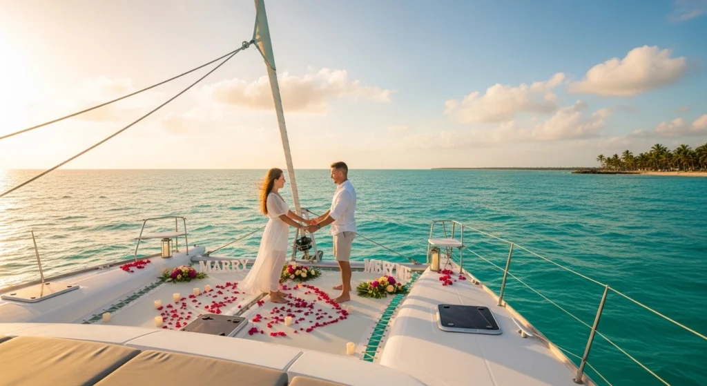 Couple on a private catamaran at sunset in Punta Cana with flowers, candles, and “Marry Me” decor for a proposal.