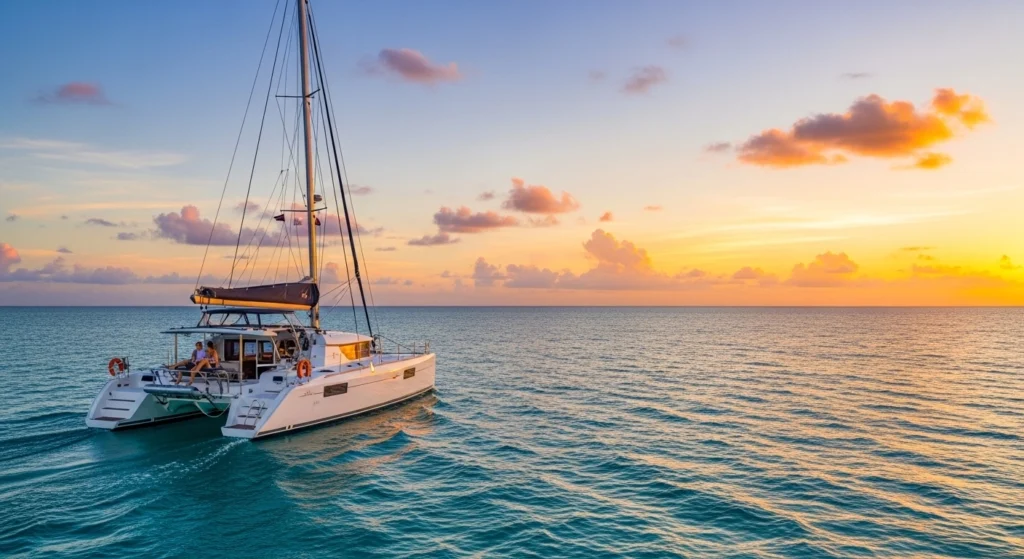 Couple enjoying a peaceful sunset on a catamaran in Punta Cana with golden sky reflecting on calm Caribbean waters.